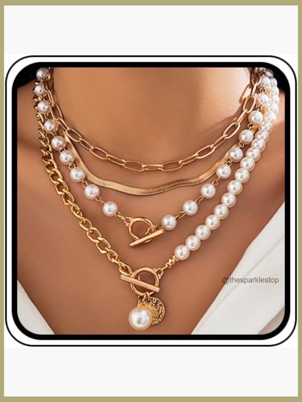 5 Piece Chunky Gold Layered Pearl Necklace Set with OT Buckle Paperclip Choker